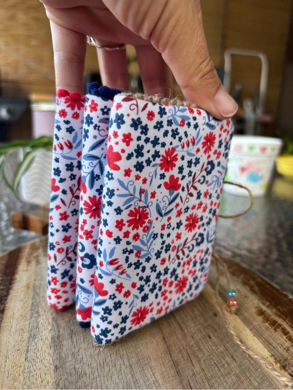 Handmade Fabric Covered Mini Journals Floral Red & Blue Size 4.75x3.5 60 Pages